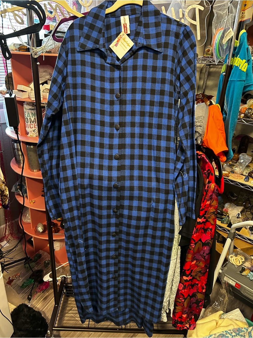 Classic Woman Blue and Black Plaid Button-Down Shirt